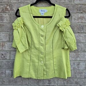 JSong Collection Linen Citron Womens Shirt Embroidered Floral Cold Shoulder S 12